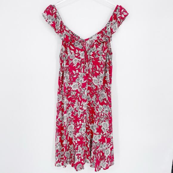 American Eagle Red Ruffle Hawaiian Lace Up Low Back Floral Sundress Small V Neck - Picture 1 of 9